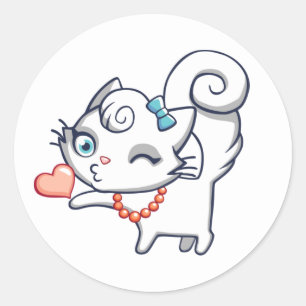 Cartoon Kitten White Kitty Love Cute Cat Classic Round Sticker