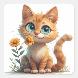 Cartoon Kitten With Flower Garden 🐾 Square Sticker