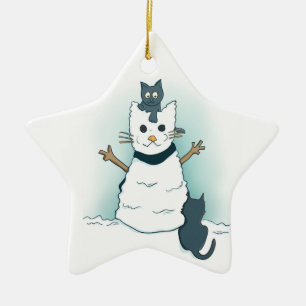 Cartoon Kittens Making a Christmas Snow Cat Ceramic Ornament