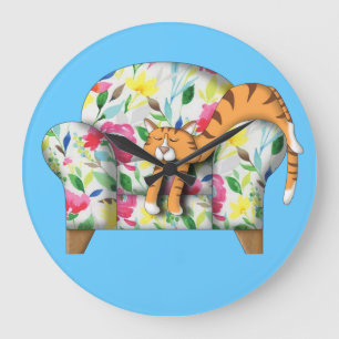 Cartoon Kitty asleep on a floral chair Large Clock