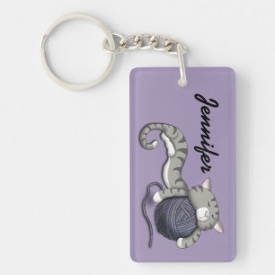 Cartoon Kitty with ball of yarn Key Ring