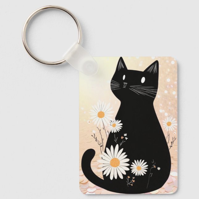 Cartoon Kitty with the Daisies Keychain (Front)