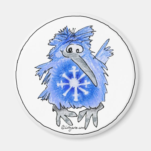 Cartoon Kiwi Blue Bird Snowflake Magnet (Front)