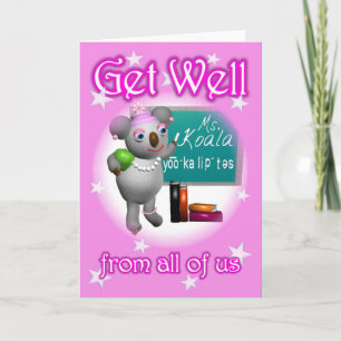 Cartoon Koala Get Well School Teacher blank inside Card
