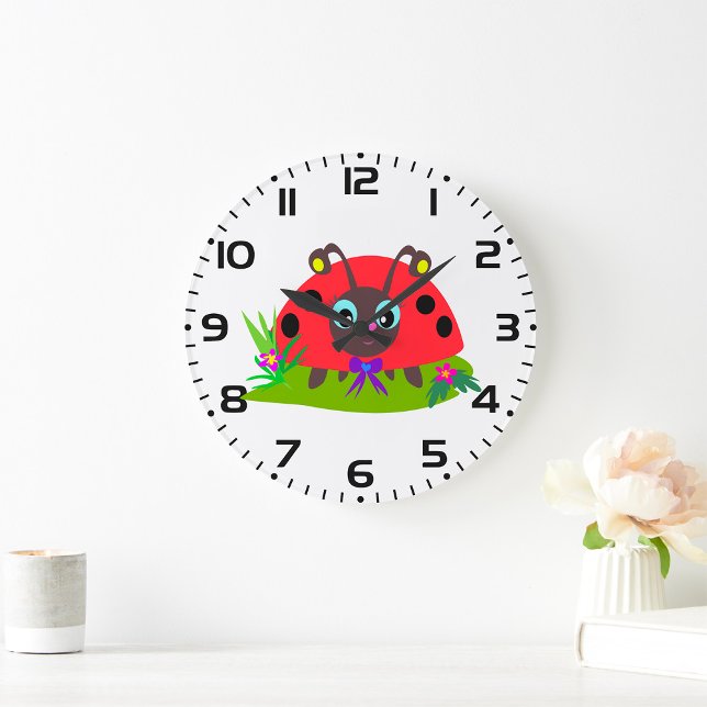 Cartoon Ladybug Bow and Flowers Large Clock (Creator Uploaded)