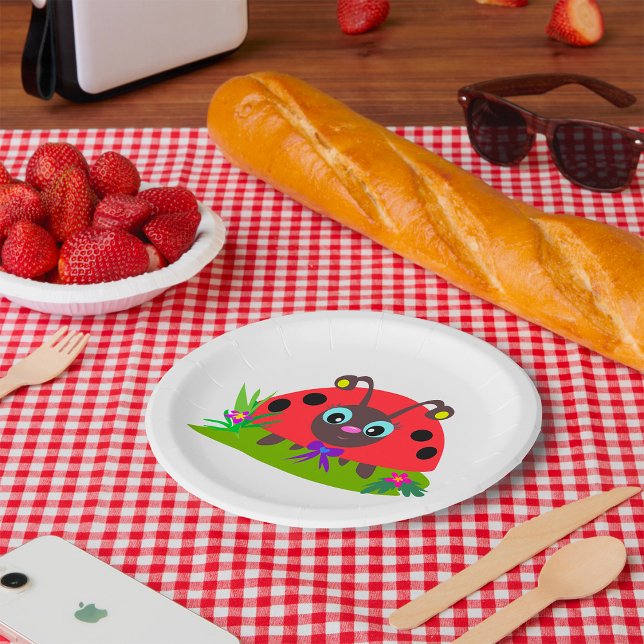 Cartoon Ladybug Bow and Flowers Paper Plate (Creator Uploaded)