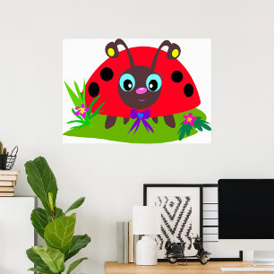 Cartoon Ladybug Bow and Flowers Poster