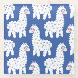 Cartoon lama alpaca, vintage pattern glass coaster