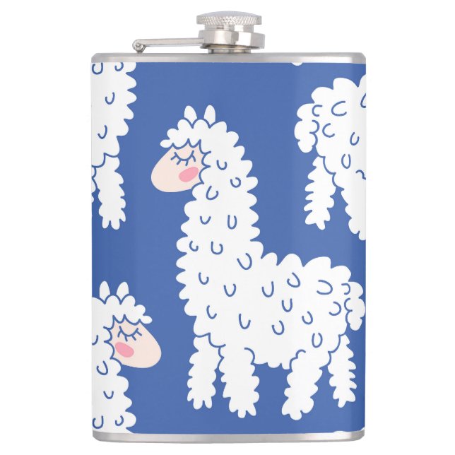 Cartoon lama alpaca, vintage pattern hip flask (Front)