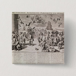 Cartoon lampooning the disastrous experiment 15 cm square badge