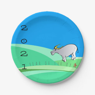 Cartoon Landscape Ox Chinese New Year Zodiac PP Paper Plate