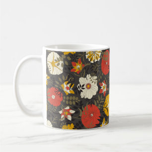 cartoon leaves and flowers on a dark background in coffee mug