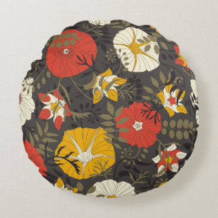 cartoon leaves and flowers on a dark background in round cushion