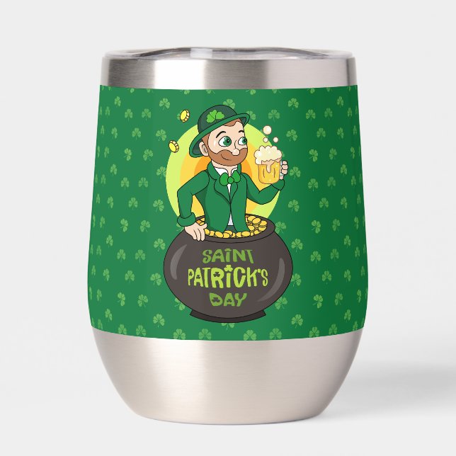 Cartoon leprechaun in a pot of gold holding a pint (Back)