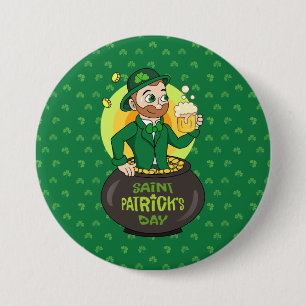 Cartoon leprechaun in a pot of gold holding a pint 7.5 cm round badge