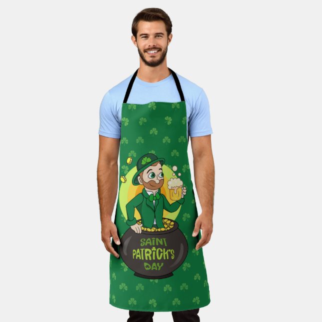 Cartoon leprechaun in a pot of gold holding a pint apron (Worn)