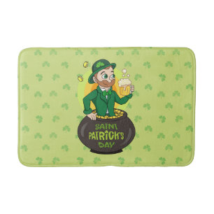 Cartoon leprechaun in a pot of gold holding a pint bath mat