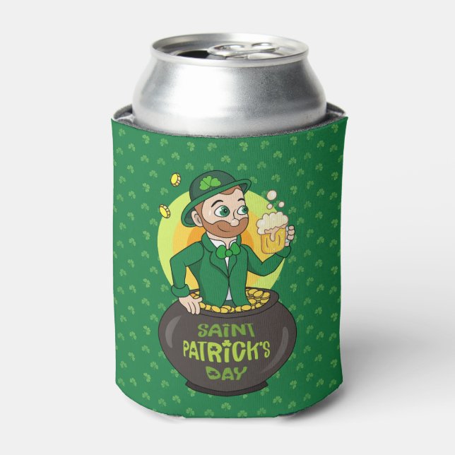 Cartoon leprechaun in a pot of gold holding a pint can cooler (Can Front)