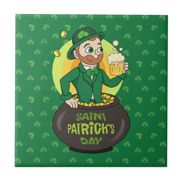 Cartoon leprechaun in a pot of gold holding a pint ceramic tile (Front)