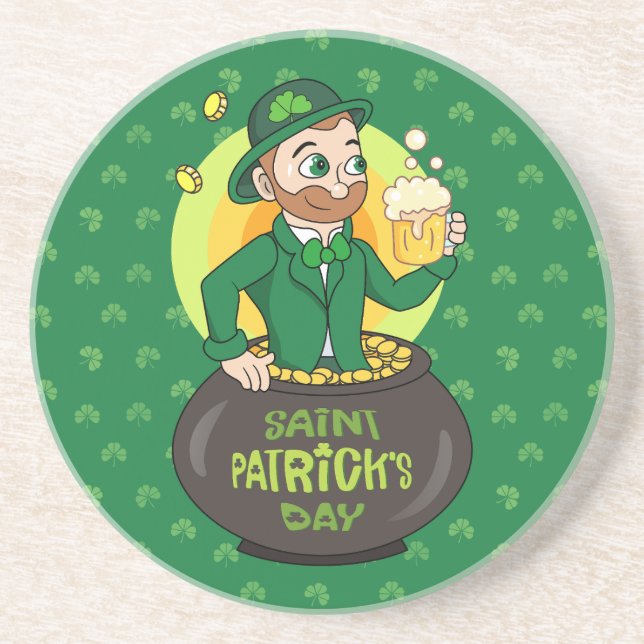 Cartoon leprechaun in a pot of gold holding a pint coaster (Front)