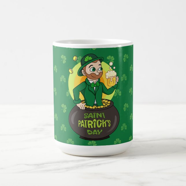 Cartoon leprechaun in a pot of gold holding a pint coffee mug (Center)
