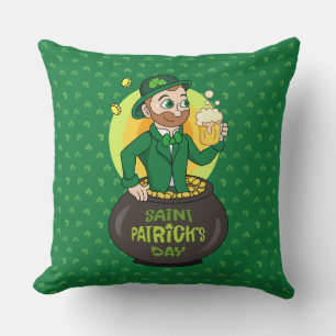 Cartoon leprechaun in a pot of gold holding a pint cushion
