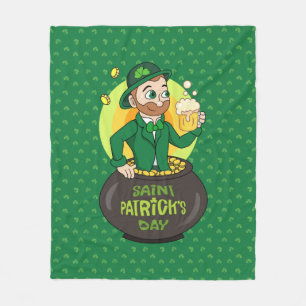 Cartoon leprechaun in a pot of gold holding a pint fleece blanket