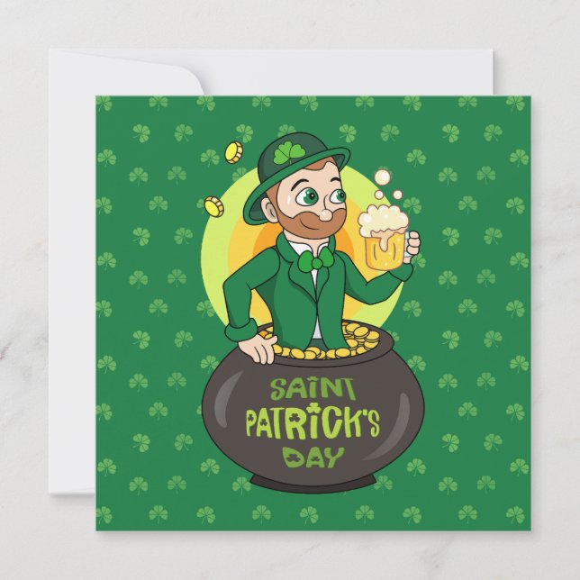 Cartoon leprechaun in a pot of gold holding a pint invitation (Front)