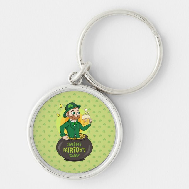 Cartoon leprechaun in a pot of gold holding a pint key ring (Front)