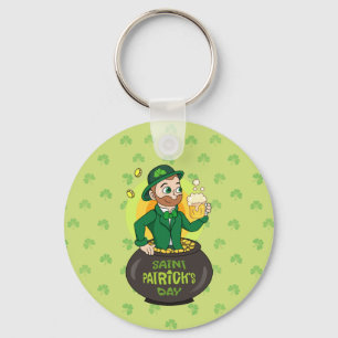 Cartoon leprechaun in a pot of gold holding a pint key ring