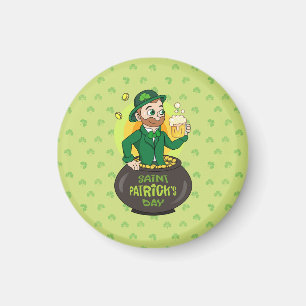 Cartoon leprechaun in a pot of gold holding a pint magnet