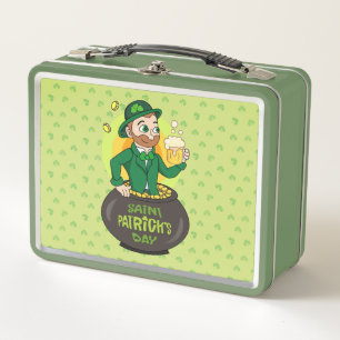 Cartoon leprechaun in a pot of gold holding a pint metal lunch box