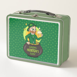 Cartoon leprechaun in a pot of gold holding a pint metal lunch box