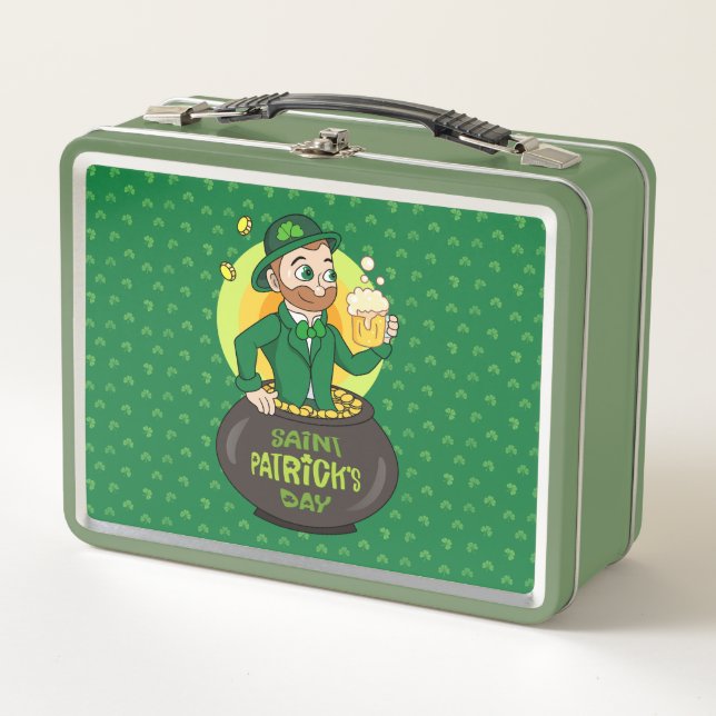 Cartoon leprechaun in a pot of gold holding a pint metal lunch box (Front)