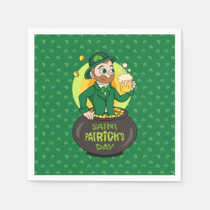 Cartoon leprechaun in a pot of gold holding a pint napkin