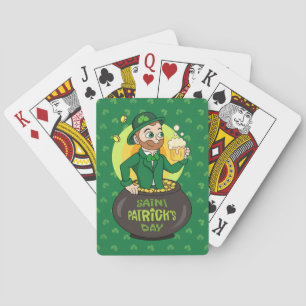 Cartoon leprechaun in a pot of gold holding a pint playing cards