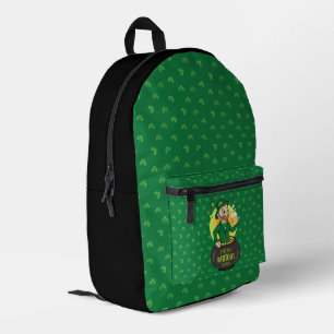 Cartoon leprechaun in a pot of gold holding a pint printed backpack