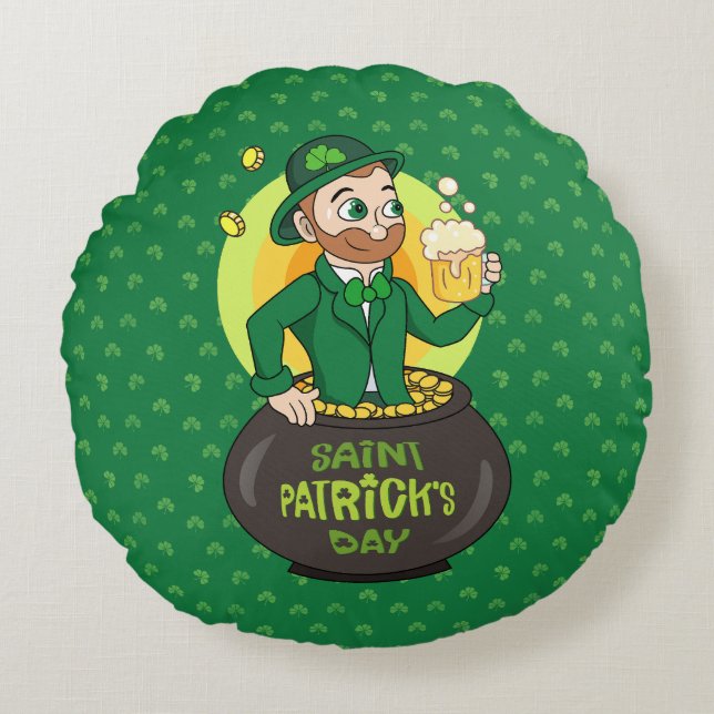 Cartoon leprechaun in a pot of gold holding a pint round cushion (Front)