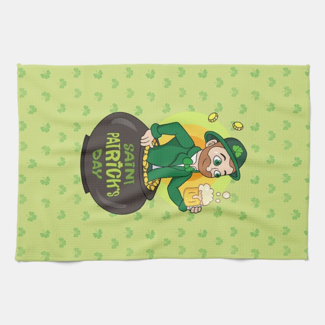 Cartoon leprechaun in a pot of gold holding a pint tea towel (Horizontal)
