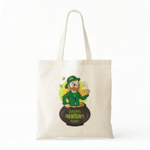Cartoon leprechaun in a pot of gold holding a pint