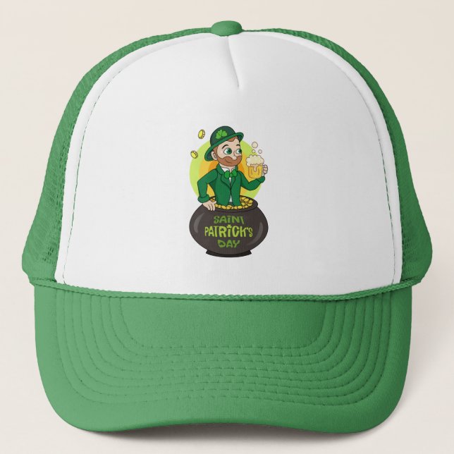 Cartoon leprechaun in a pot of gold holding a pint trucker hat (Front)