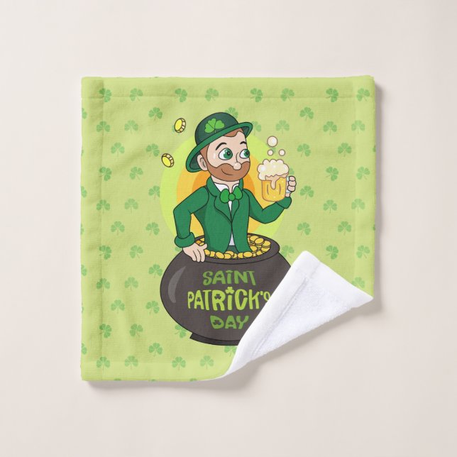 Cartoon leprechaun in a pot of gold holding a pint wash cloth (Wash Cloth)