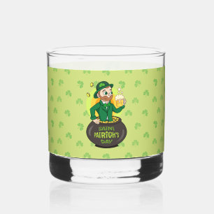 Cartoon leprechaun in a pot of gold holding a pint whiskey glass