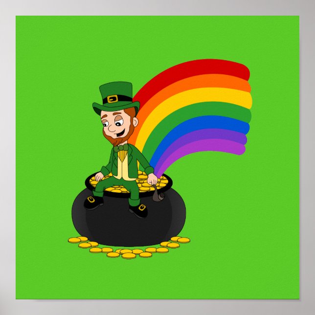 Cartoon leprechaun sitting on a pot of gold poster (Front)