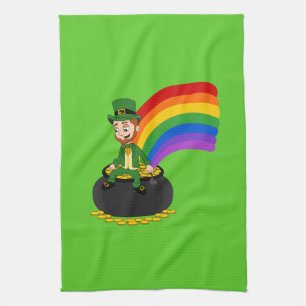 Cartoon leprechaun sitting on a pot of gold tea towel