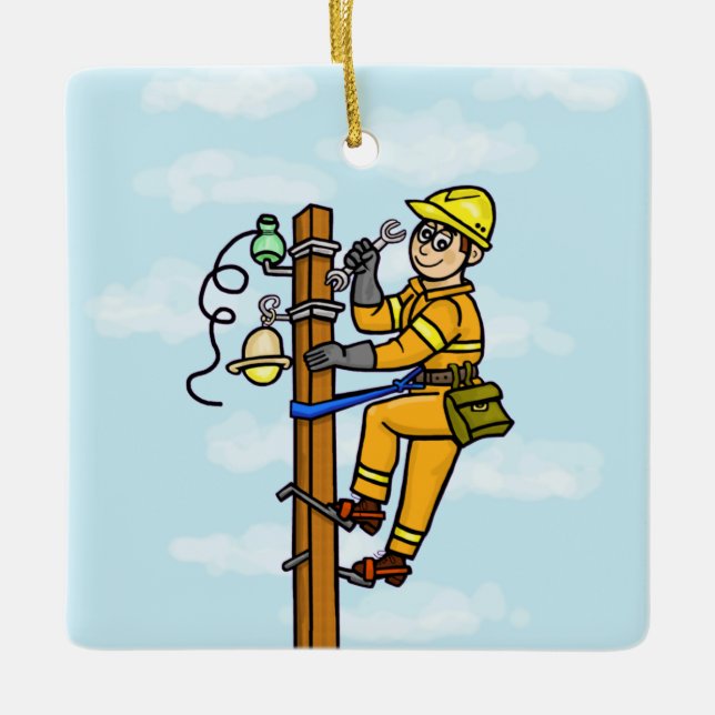 Cartoon Lineman Working On Pole Ornament  Add Name (Front)