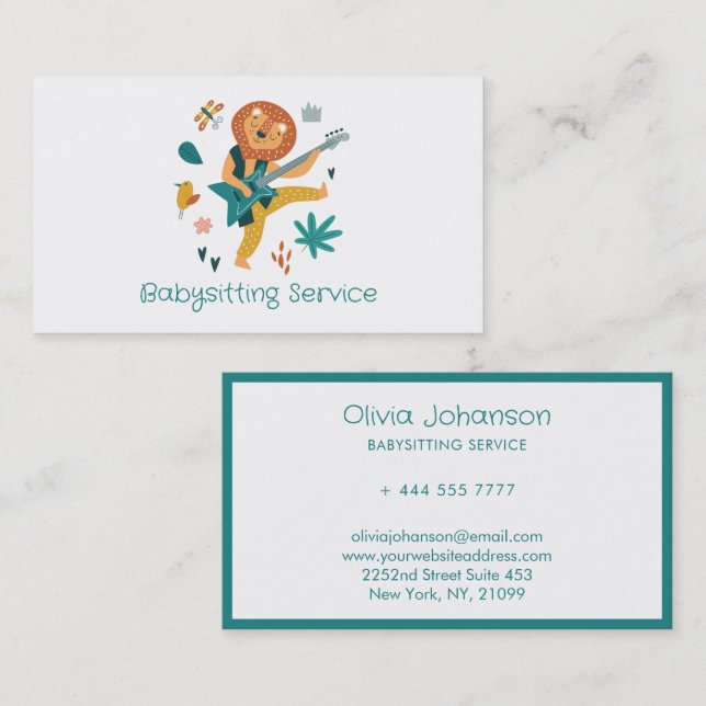 Cartoon Lion & Guitar Babysitting Service   Business Card (Front/Back)