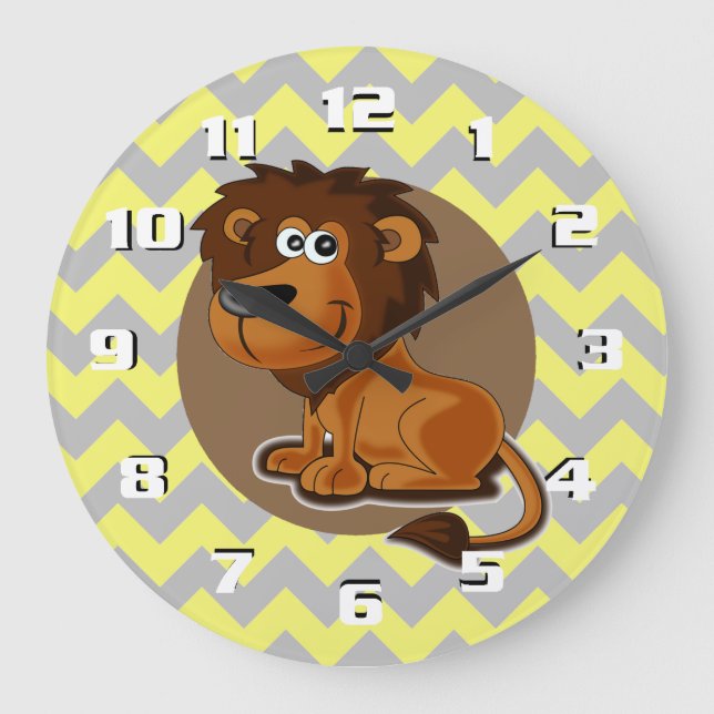 Cartoon Lion on Chevron Pattern Cute Nursery Large Clock (Front)