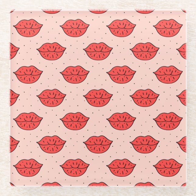 Cartoon lips: feminist doodle pattern. glass coaster (Front)