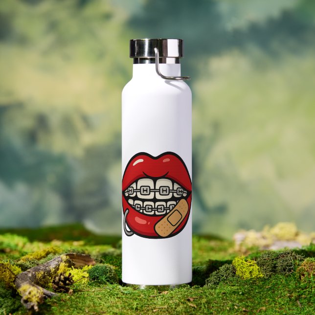 Cartoon Lips Sticker with Braces & Piercing Water Bottle (Outdoor (Rotated))